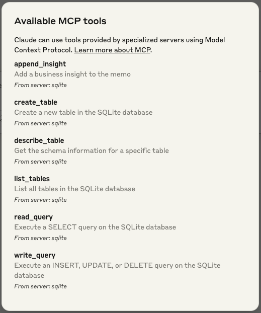Sqlite MCP Available Tools