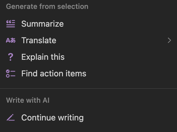 Notion AI > Generate from selection and Write with AI