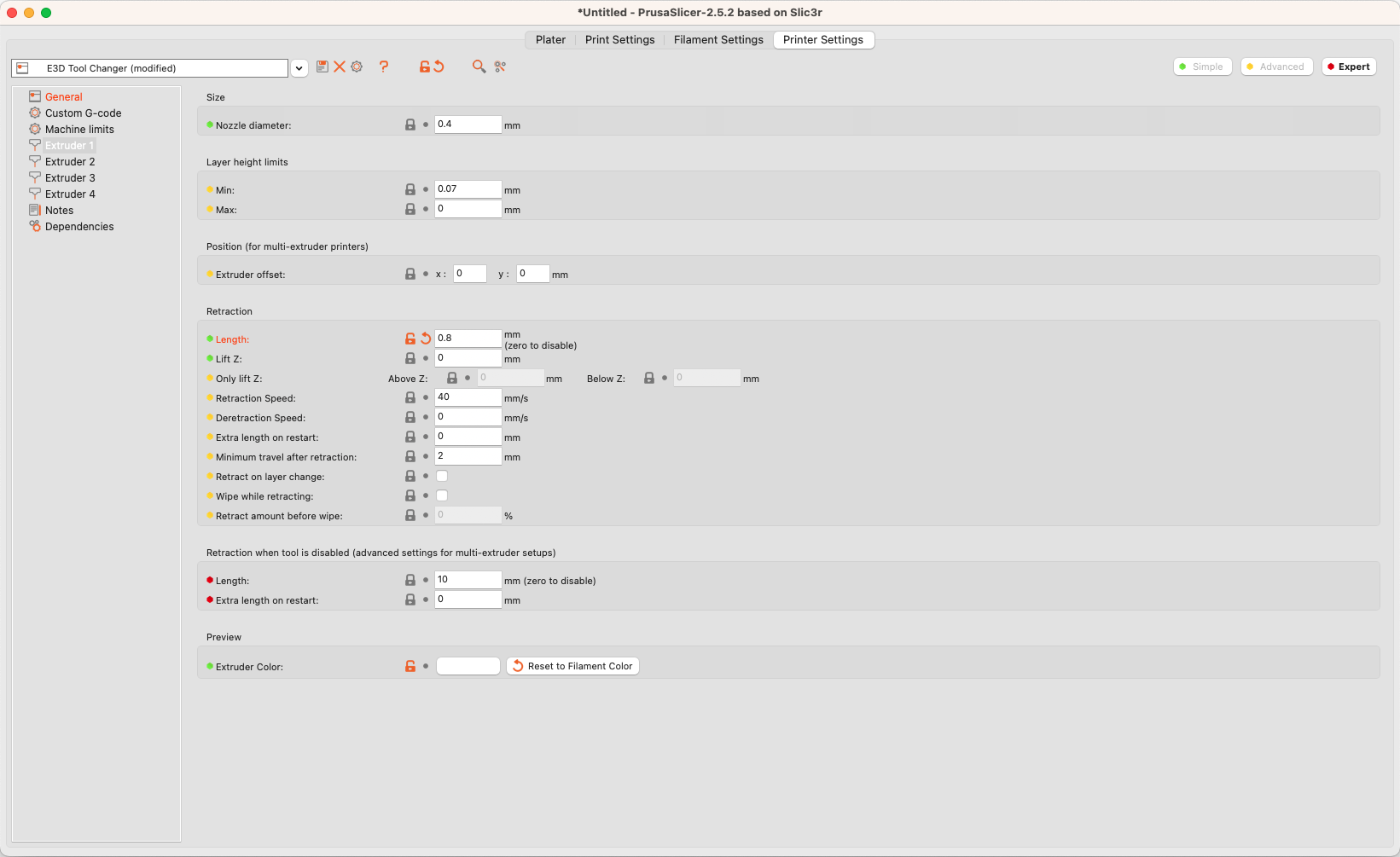 Slicer Extruder Settings Screenshot